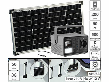 Fensterbank Solar Kraftwerke 230 Volt Powerstation und Solarmodul: revolt Fensterbank-Solarkraftwerk: Powerstation mit 60-W-Modul, 222 Wh