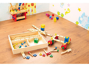 Playtastic 76-teiliger Kinder Baukasten mit Bauelementen aus Echtholz