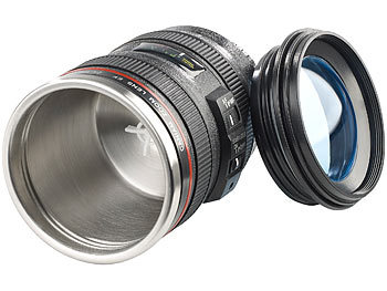 Somikon Kameraobjektiv-Thermobecher mit batteriebetriebenem Rührwerk, 220 ml