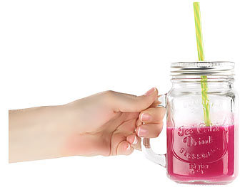 Trinkglas mit Henkel 4er Set Trinkbecher Glas Retro Deckel und Trinkhalm 
