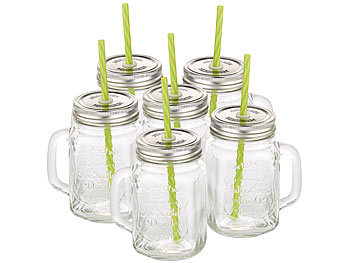 Smoothie Gläser: PEARL Retro-Trinkglas mit Henkel, Deckel und Trinkhalm, 6er-Set