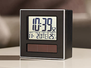 infactory Solar-Funkwecker DCF mit LCD-Display, Kalender & Thermometer