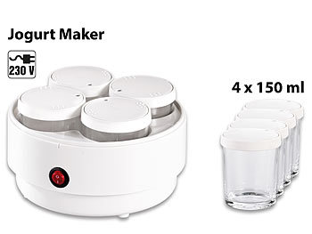 Joghurtautomat: PEARL Joghurt-Maker mit 4 Portions-Gläsern je 150 ml, spülmaschinengeeignet