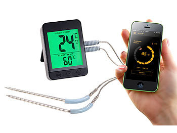 Thermometer Grill: Rosenstein & Söhne Grillthermometer m. Bluetooth, Android- & iOS-App, 2 Temperatur-Fühler