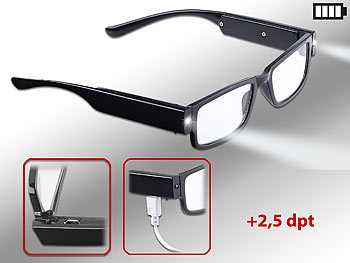 Brille mit Beleuchtung: infactory Modische Lesehilfe mit integriertem LED-Leselicht und Akku, +2,5 dpt