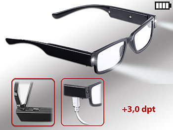 Brille mit Licht: infactory Modische Lesehilfe mit integriertem LED-Leselicht und Akku, +3,0 dpt