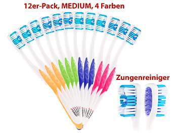 Reisezahnbürste: newgen medicals 12er-Pack Marken-Zahnbürsten mit Zungenreiniger, MEDIUM, 4 Farben
