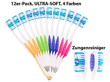 Marken-Handzahnbürste: newgen medicals 12er-Pack Marken-Zahnbürsten mit Zungenreiniger, ULTRA-SOFT, 4 Farben