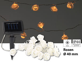 Solar Lichterkette außen Winter: Lunartec Solar-LED-Lichterkette mit 20 weißen Rosen, warmweiß, IP44, 2 m