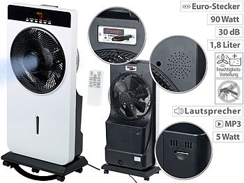 Kühlender Ventilator: Sichler Sprühnebel-Standventilator, Anti-Insekten, MP3-Player, 90 W, Ø 30 cm