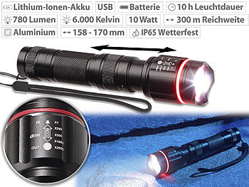 Cree-LED-Akku-Taschenlampe mit Alu-GehÃ¤use, 10 Watt, 780 Lumen, IP65 / Taschenlampe