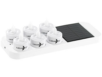 Mini Teelichter: Lunartec 6 LED-Akku-Teelichte mit Dekogläsern & Solar-Ladestation
