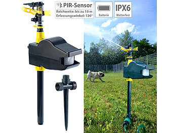 Tiervertreiber Wasser: Exbuster Wasserstrahl-Tierschreck mit PIR-Sensor, batteriebetrieben, 60 m²