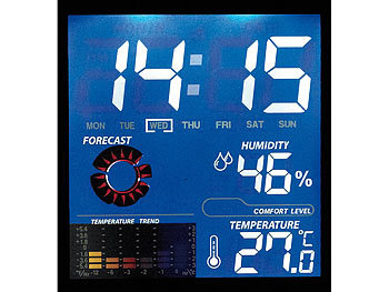 Wetterstation Wettervorhersage Temperatur Datum Wecker Feuchtigkeit blau Display 