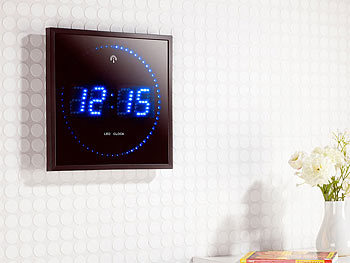 Lunartec LED Uhr: LED-Funk-Wanduhr mit Sekunden-Lauflicht durch blaue LEDs  (Funk-Wanduhr Digital beleuchtet)
