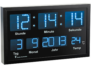 LED Uhren: Lunartec LED-Funk-Tisch- und Wanduhr mit Datum und Temperatur, 412 blaue LEDs