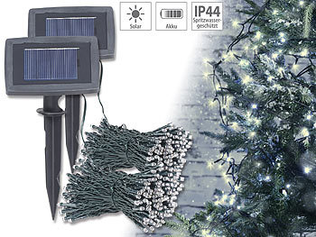 Lunartec 2er-Set Solar-LED-Lichterkette, 200 LEDs, Dämmerungssensor, warmweiß