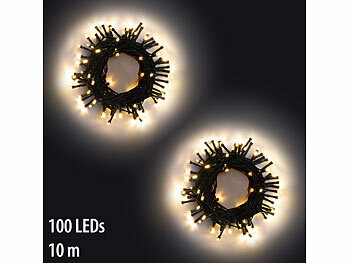 Lunartec Lichterkette außen Timer: 2er-Set LED-Lichterketten mit 100 LEDs, Timer, Batterie, warmweiß, 10m (LED-Lichterkette batteriebetrieben)