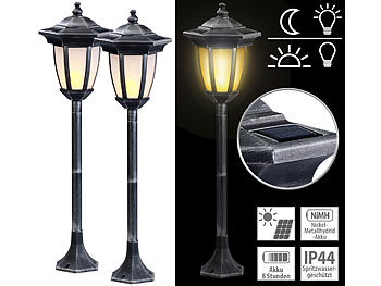 Gartenlaterne Alt: Lunartec 2er-Set Solar-LED-Standlaterne mit Flammeneffekt, 64 cm Höhe, IP44