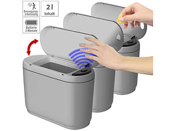 Smart Infrarot IR Büro intelligent Mülltreteimer elektrischem Touchless: infactory 3er-Set Design-Abfalleimer mit Hand-Bewegungs-Sensor, je 2 l, grau