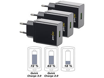 USB Schnellladestecker: revolt 3er-Set 230-V-USB-Netzteil, Quick Charge 3.0, 5 - 12 V, max. 18 W