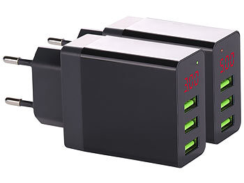 USB Steckerladegerät: revolt 2er-Set Intelligentes 3-Port-USB-Wandnetzteil mit LED-Display, 15,5 W