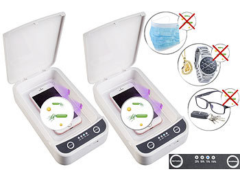 UV-Keimtötender-Boxen: Somikon 2er-Set UV-Desinfektions-Boxen für Smartphone, Brille, Schlüssel usw.