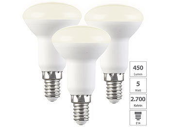 Glühbirne E14: Luminea 3er-Set LED-Reflektoren, R50, warmweiß, 450 lm, E14, 5W (ersetzt 40W)