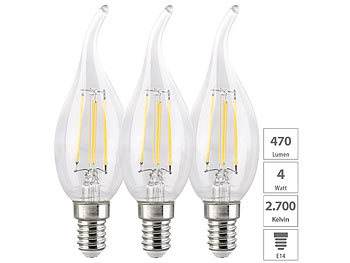 Filament Lampen E14: Luminea 3er-Set LED-Filament-Kerze E14, 4W (ersetzt 40W), 470lm warmweiß, Ba35