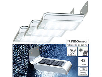 außen-Solar-Beleuchtung: Luminea 3er-Set Edelstahl-LED-Solar-Wandleuchten, Licht- & Bewegungssensor