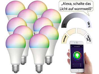 Luminea Home Control 10er-Set WLAN-LED-Lampen für Amazon Alexa/Google Assistant, E27,12 W