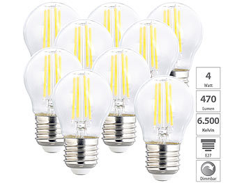 E27 LED-Filament-Birne: Luminea LED-Filament-Lampen im 9er-Set, G45, E27, 470 lm, 4 W, 6500 K, dimmbar