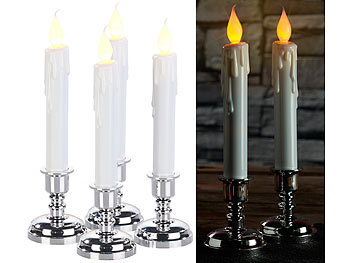 Flammenlose Kerzen: Britesta 4er-Set LED-Stabkerzen mit silbernem Kerzenständer, flackernde Flamme