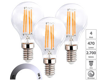 LED Glühbirne: Luminea 3er-Set LED-Filament-Lampen, G45, E14, 470 lm, 4 W, 2700 K, dimmbar, E