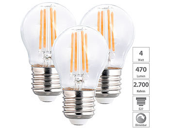 Glühbirne E27: Luminea 3er-Set LED-Filament-Lampen, G45, E27, 470 lm, 4 W, 2700 K, dimmbar