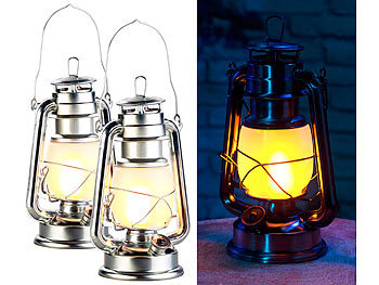 LED Sturmlampe: Lunartec 2er-Set LED-Sturmlaternen mit Flammen-Effekt, 25 cm Höhe, silberfarben