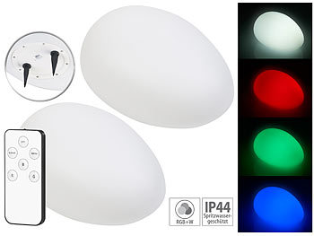 Leuchtende Steine: Lunartec 2er-Set Solar-LED-Dekosteine mit Fernbedienung, RGB+W, IP44, 32 cm