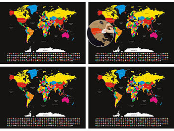 infactory 4er-Set XXL-Weltkarte mit Ländern und Flaggen zum Freirubbeln, 82x59cm