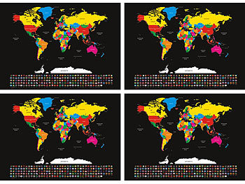 infactory 4er-Set XXL-Weltkarte mit Ländern und Flaggen zum Freirubbeln, 82x59cm