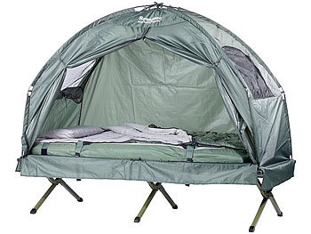 Campingliege: Semptec 4in1-Zelt mit Feldbett, Sommer-Schlafsack und Matratze