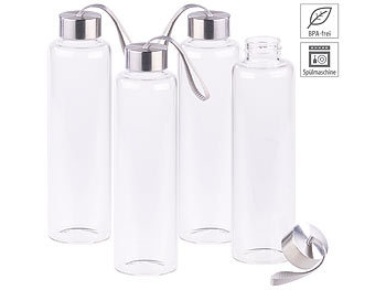 Schul-Trink-Flasche: PEARL 4er-Set Trinkflaschen aus Borosilikat-Glas, 550 ml, spülmaschinenfest