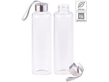 Edle Trinkflasche: PEARL 2er-Set Trinkflaschen aus Borosilikat-Glas, 550 ml, spülmaschinenfest