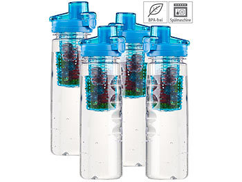 Trinkflasche Obst: Rosenstein & Söhne 4er-Set Tritan-Trinkflaschen mit Fruchtbehälter, BPA-frei, 800ml, blau