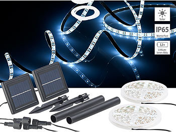LED Band Solar: Lunartec 2er-Set Solar-LED-Streifen mit 180 tageslichtweißen LEDs, IP65