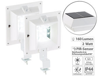 Dachrinnen LED Solar: Lunartec 2er-Set Solar-LED-Dachrinnenleuchten mit PIR-Sensor, 160 lm, 2W, IP44