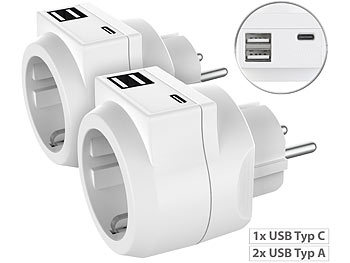 USB-c Steckdosenadapter: revolt 2er-Set 3in1-Steckdosen mit USB Typ C & 2x USB Typ A