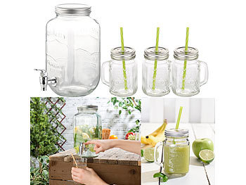 Getränkespender Glas: PEARL 4-teiliges Set aus Getränkespender und 3 Trinkgläser im Retrolook