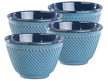 Teecup: Rosenstein & Söhne 4er-Set asiatische Teebecher aus Gusseisen und Emaille, petrolblau