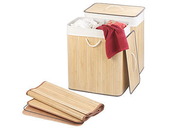 Wäsche-Behälter: infactory 2er-Set Faltbare Bambus-Wäschekörbe mit Deckel und Wäschesack, natur