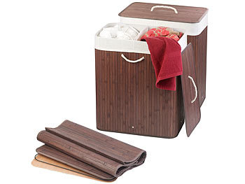 Wäschetonne mit Deckel: infactory 2er-Set Faltbare Bambus-Wäschekörbe mit Deckel und Wäschesack, braun